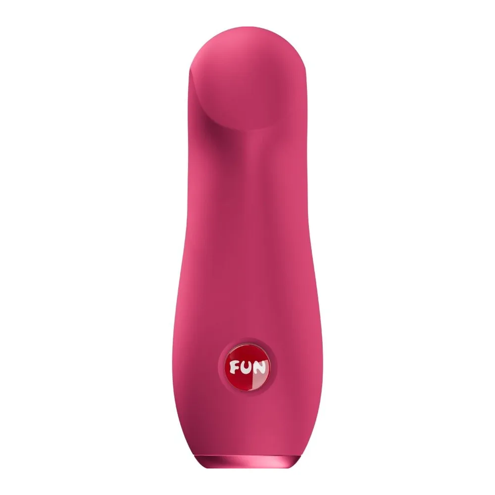 Vibrateur rose fuchsia en silicone, forme allongée avec tête arrondie et courbée, bouton de commande FUN au centre du corps, fond blanc