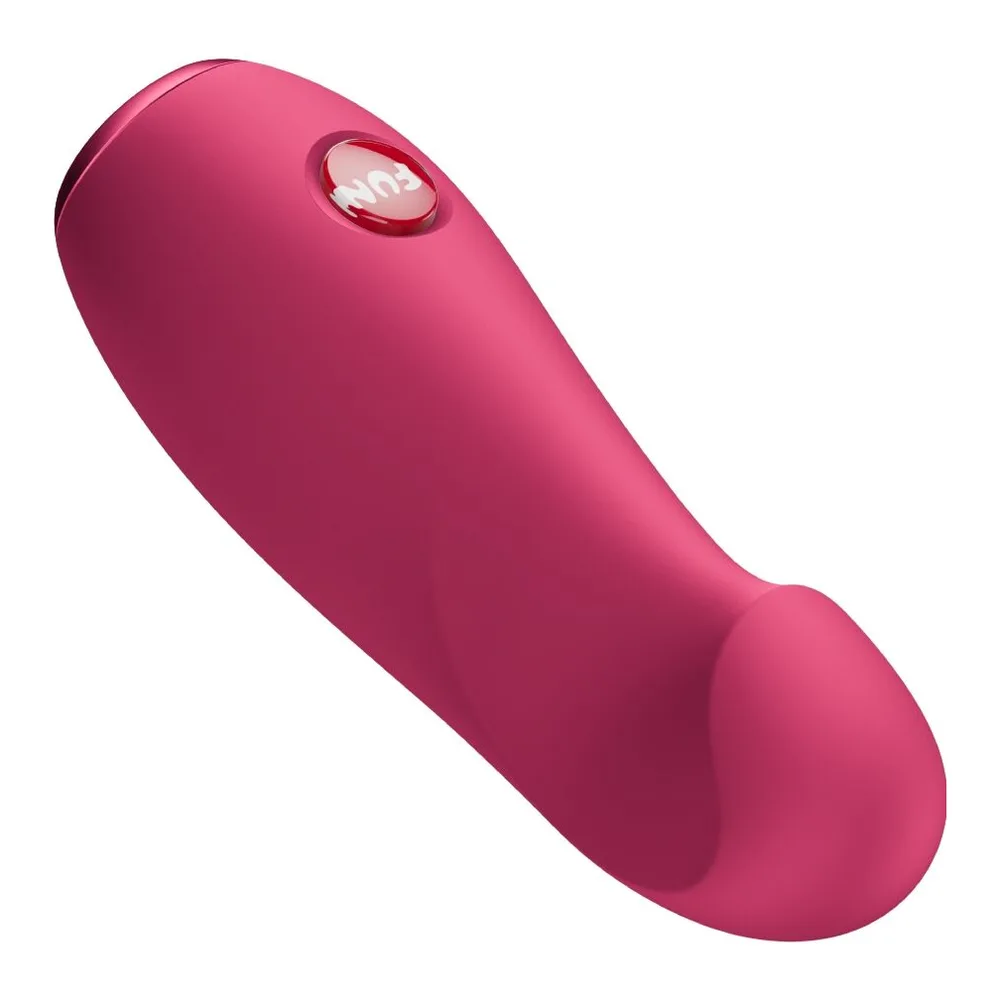 Vibrateur rose fuchsia en silicone, forme allongée avec tête arrondie et courbée, bouton de commande FUN au centre du corps, fond blanc