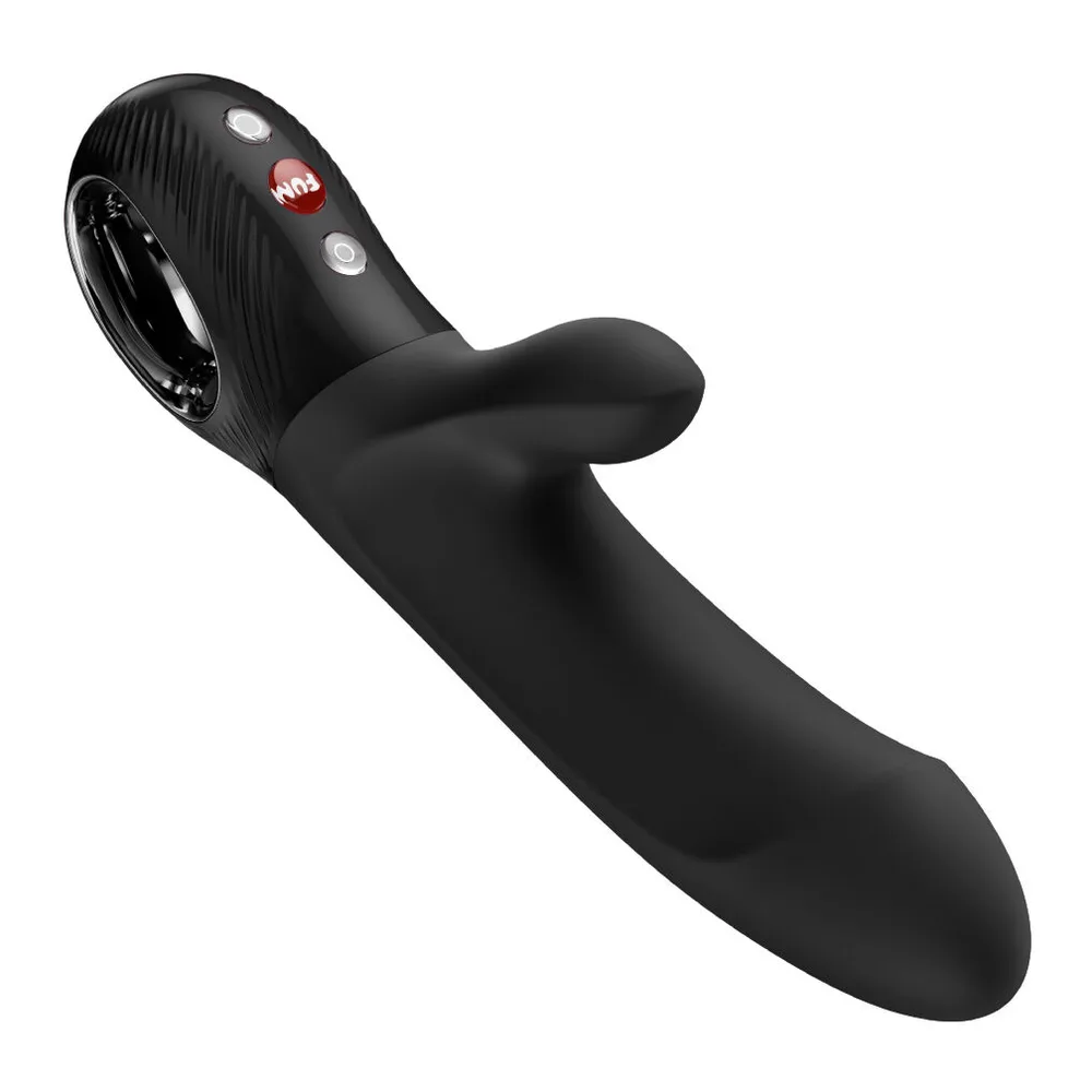 Vibromasseur rabbit rose fuchsia avec tête bulbeuse rainurée, bras interne courbé et poignée en boucle fermée, trois boutons de commande dorés et argentés visibles sur le haut