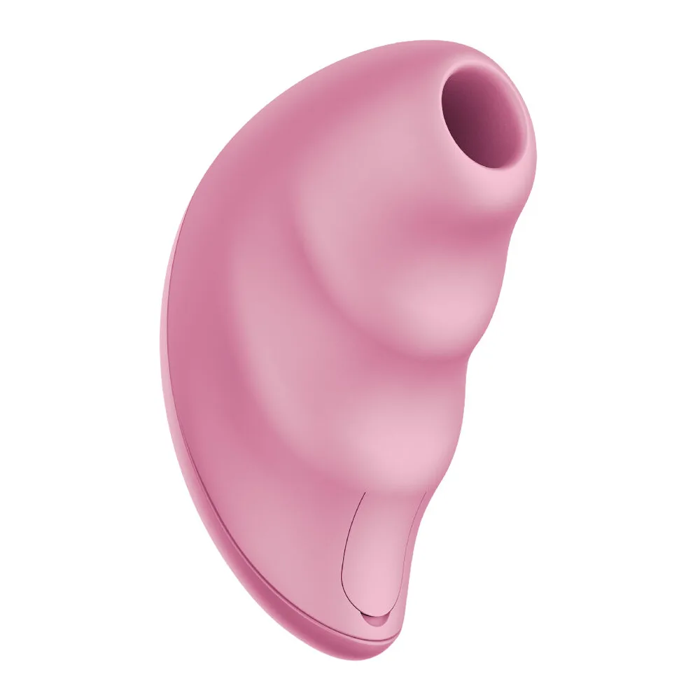 Vibromasseur rose en silicone avec forme ergonomique, trois boutons de contrôle sur le côté, fond blanc