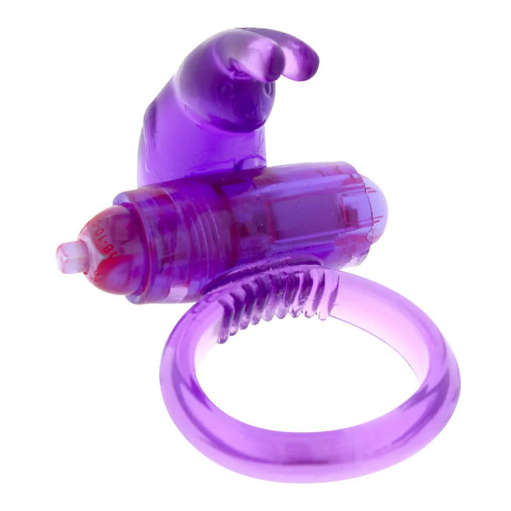 Anneau vibrant en TPR translucide violet et rose avec stimulateur en forme de lapin attaché au-dessus, fonctionnant sur piles