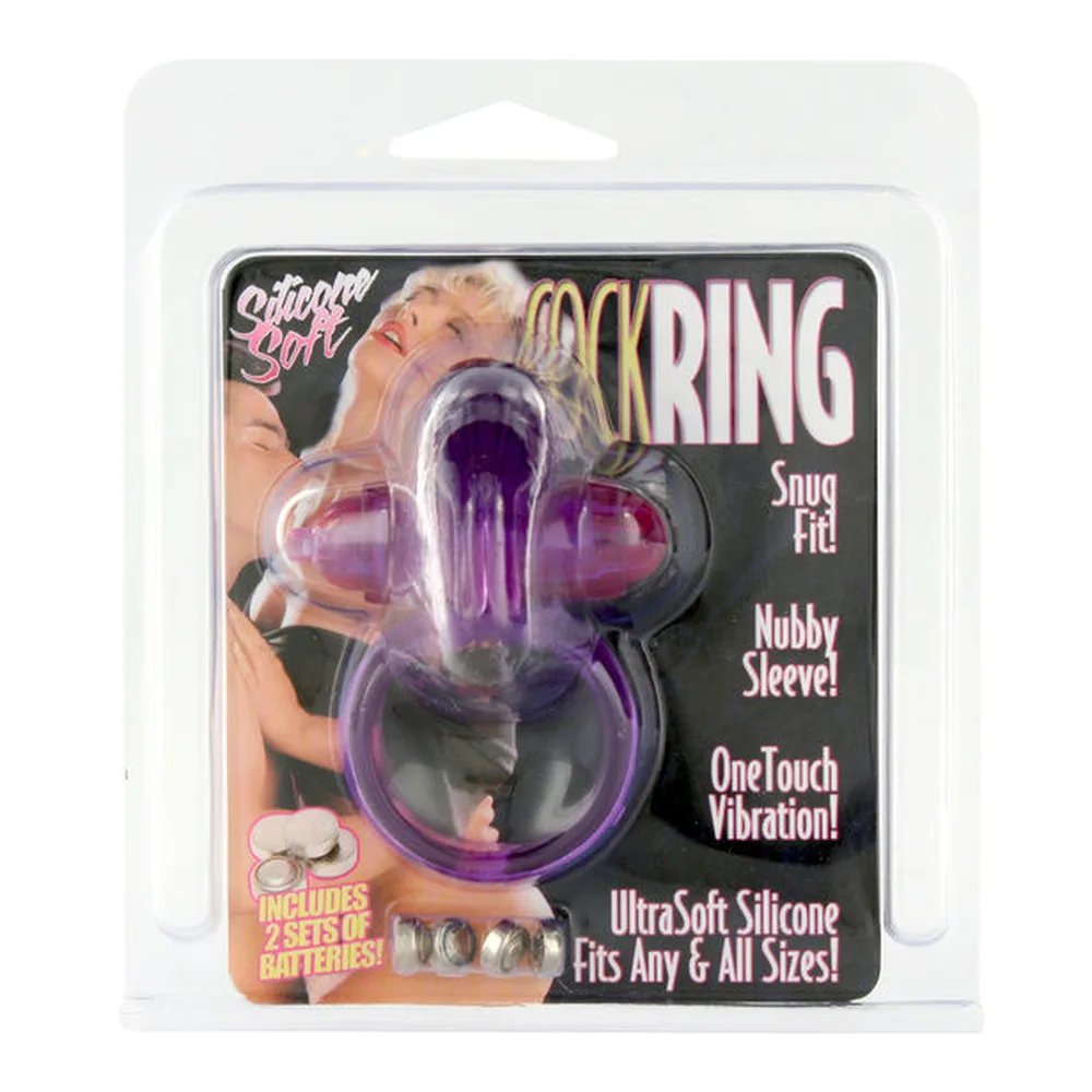 Anneau vibrant en TPR translucide violet et rose avec stimulateur en forme de lapin attaché au-dessus, fonctionnant sur piles