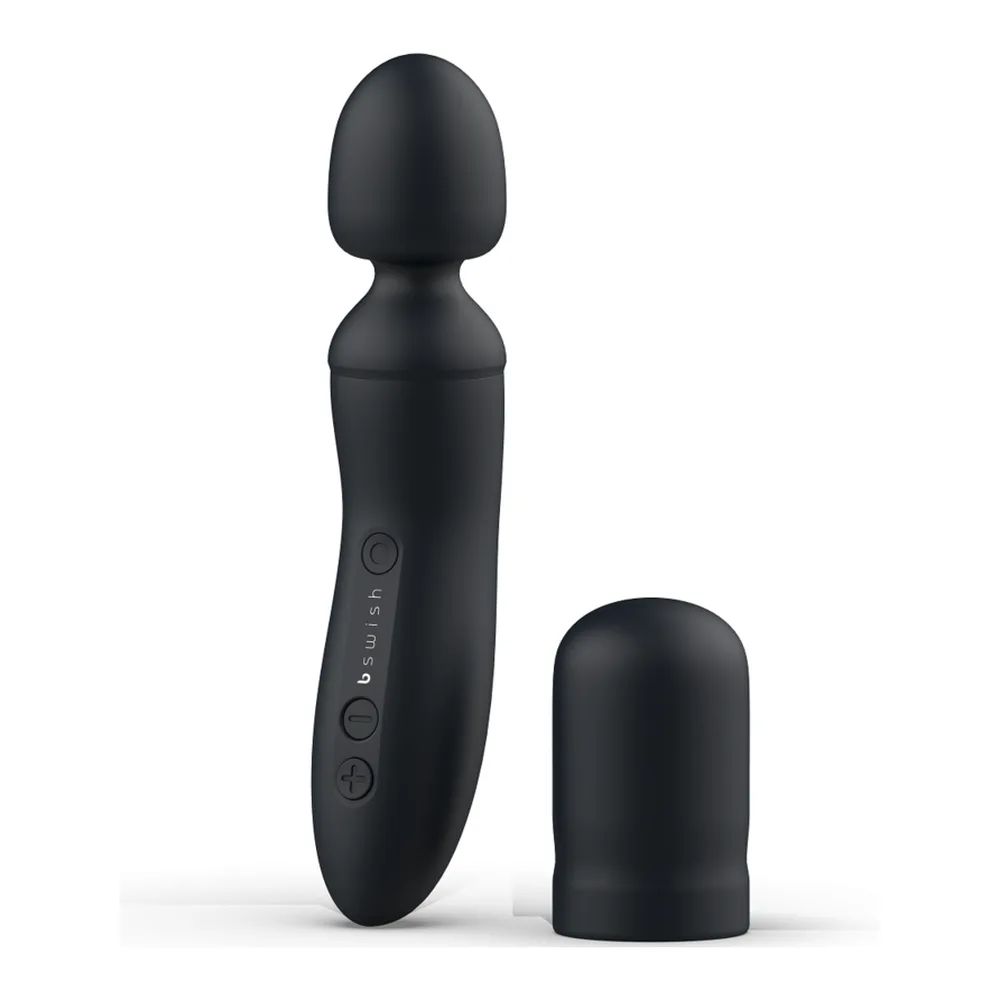 Baguette vibrante noire en silicone avec tête arrondie, boutons de contrôle sur le côté, accompagnée de son capuchon noir de protection