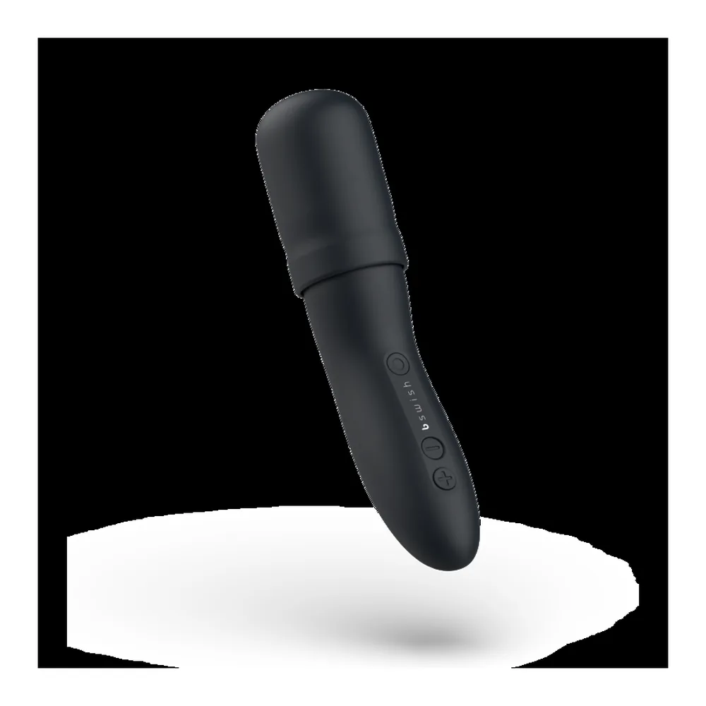 Baguette vibrante noire en silicone avec son capuchon de rangement, tête arrondie et boutons latéraux