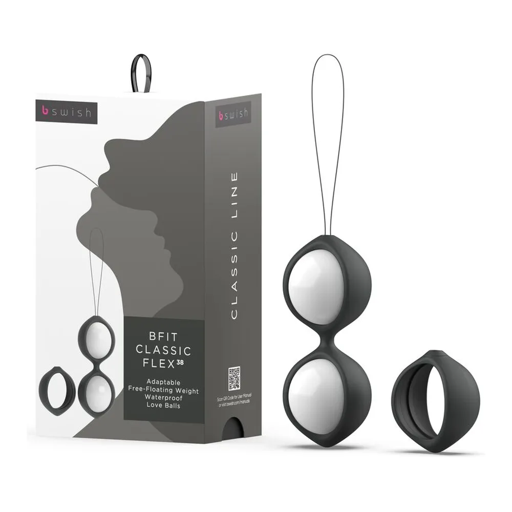 Boules de Geisha Bfit Classic Flex avec emballage : deux sphères blanches dans armature noire avec cordelette, deux harnais noirs, et accessoire de rangement, fond blanc