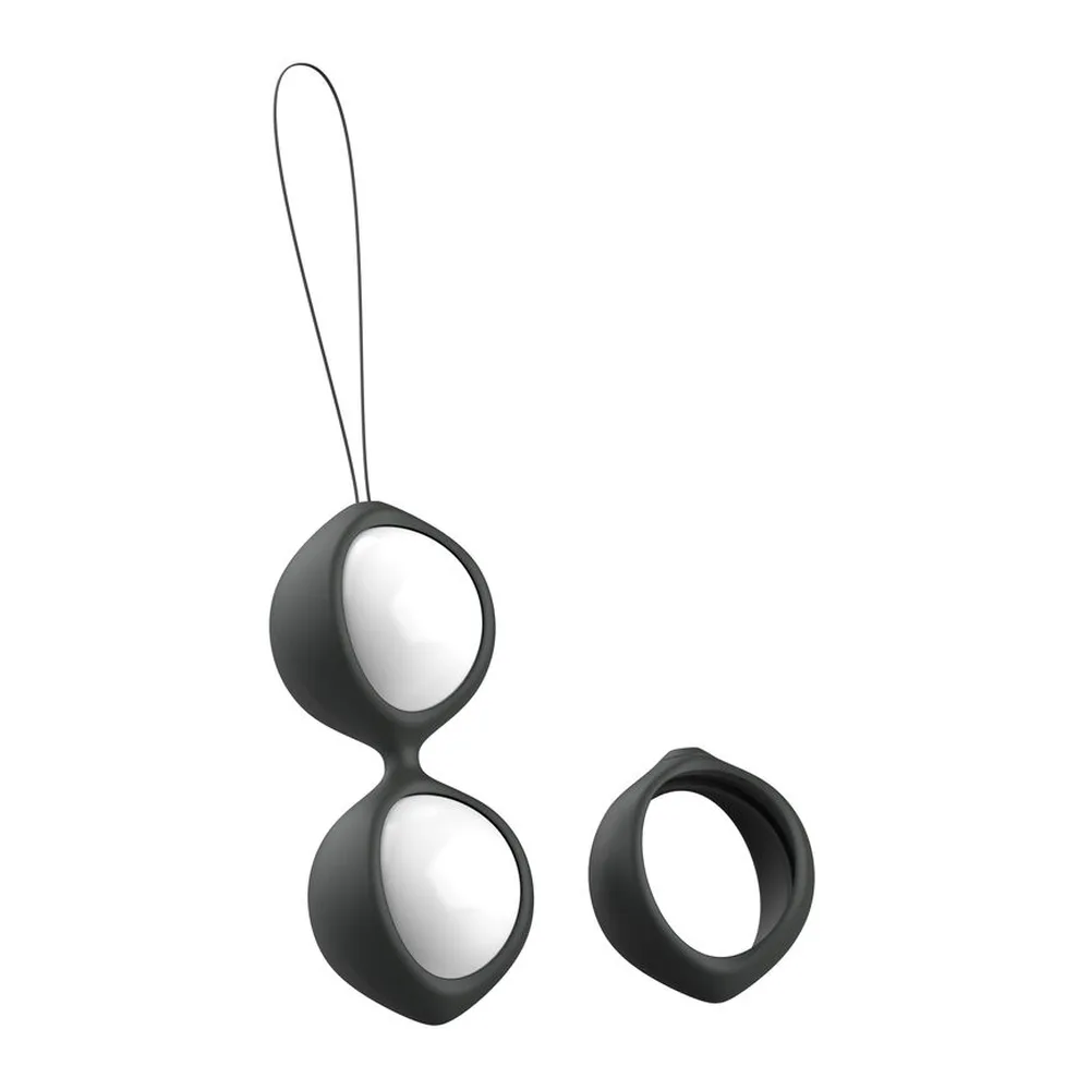Boules de Geisha Bfit Classic Flex avec emballage : deux sphères blanches dans armature noire avec cordelette, deux harnais noirs, et accessoire de rangement, fond blanc