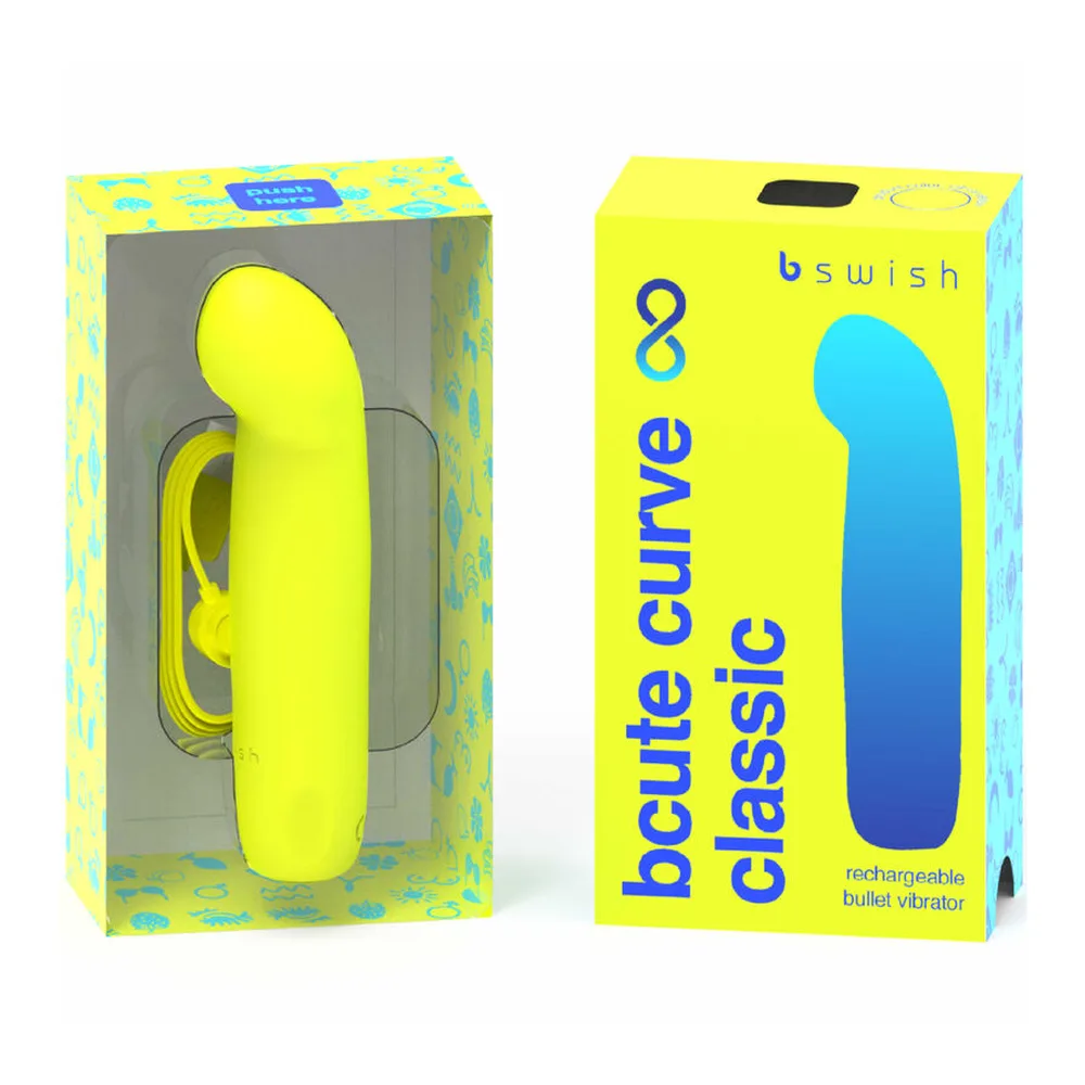 Vibromasseur en silicone jaune fluo avec extrémité arrondie et incurvée, corps lisse et allongé, fond blanc