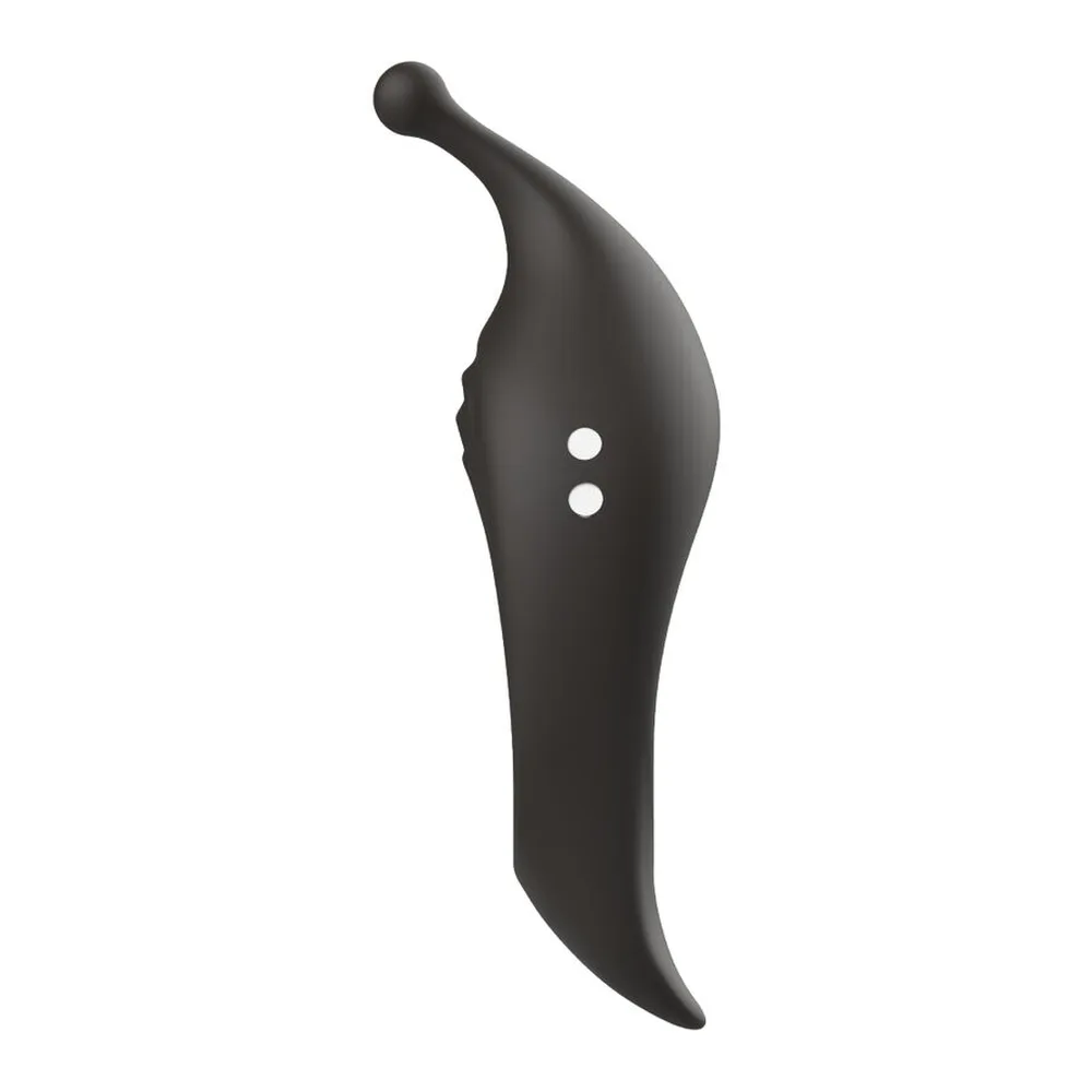 Deux anneaux vibrants en silicone noir avec prolongement effilé et boutons de commande, sur fond blanc
