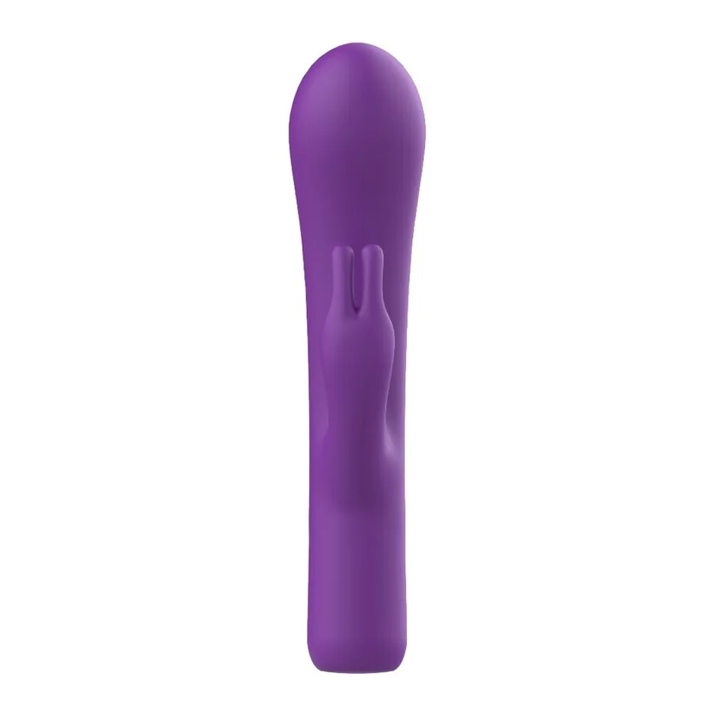 Vibromasseur rabbit en silicone violet avec branche de stimulation latérale et extrémité arrondie, sur fond blanc