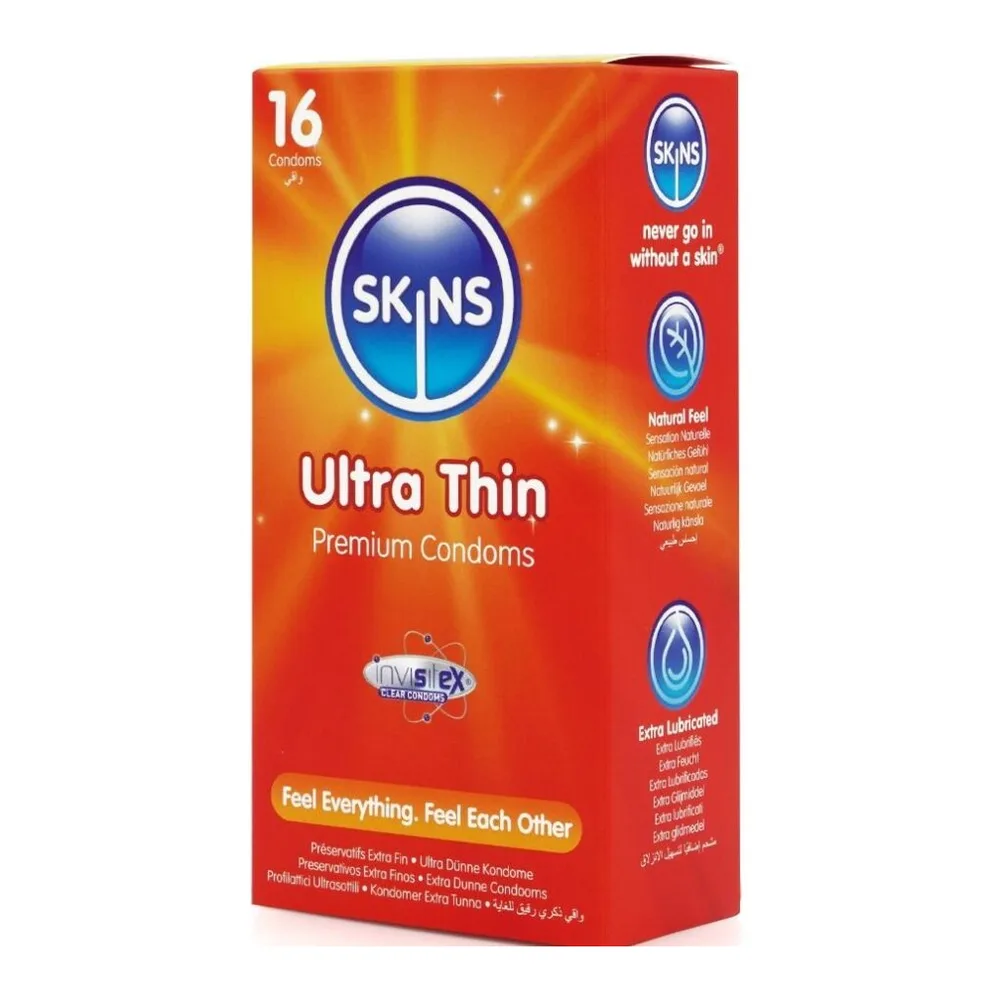 Boîte de 16 préservatifs Skins Ultra Thin, emballage rouge et orange avec logo bleu de la marque et mentions « Premium Condoms » et « Extra lubrifiés »