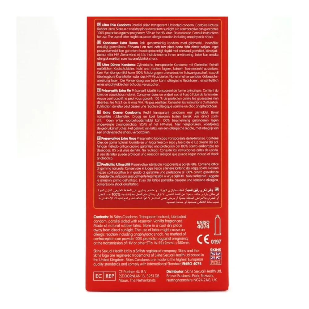 Boîte de 16 préservatifs Skins Ultra Thin, emballage rouge et orange avec logo bleu de la marque et mentions « Premium Condoms » et « Extra lubrifiés »