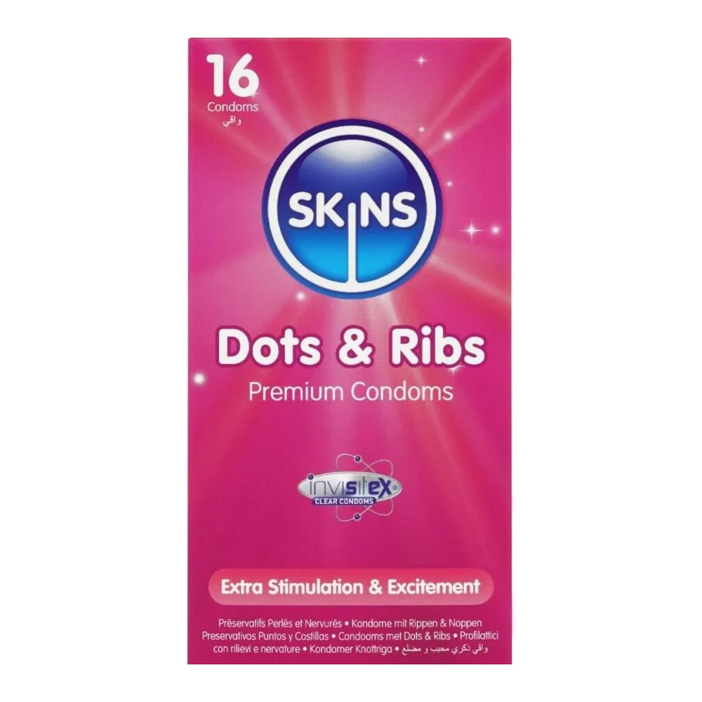 Emballage rose de 16 préservatifs Skins Dots & Ribs, boîte rectangulaire affichant le logo bleu ovale et les mentions de texture nervurée et piquetée