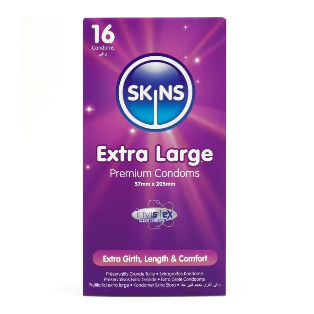 Boîte de 16 préservatifs Skins Extra Large sur fond dégradé violet, avec dimensions 57mm x 205mm et mention lubrifiés supplémentaires