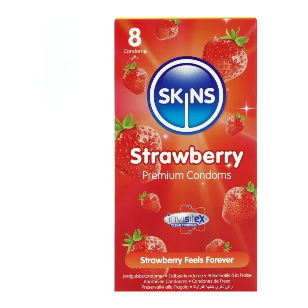 Boîte rouge de préservatifs aromatisés fraise avec emballage rectangulaire et texte informatif sur plusieurs langues