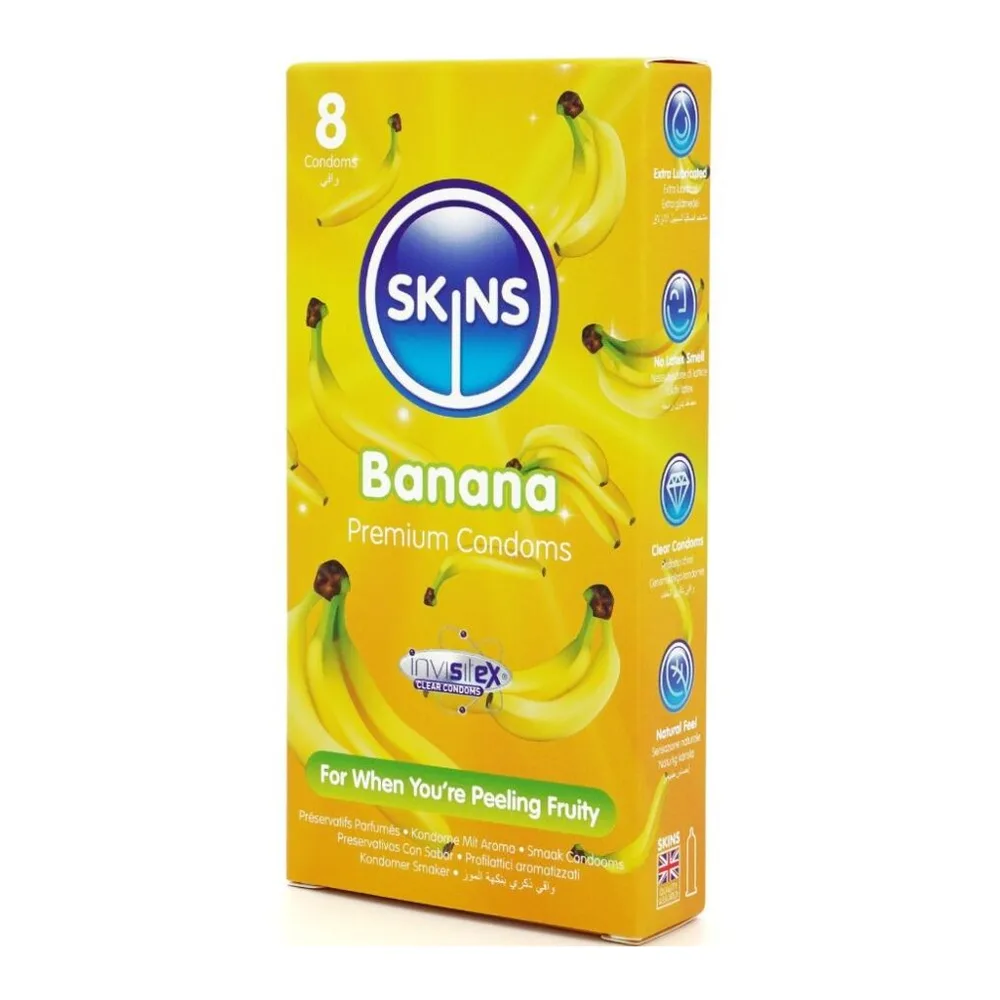 Boîte jaune de préservatifs Skins Banana, pack de 8, avec le logo de la marque et des photos de bananes. Emballage cartonné avec inscriptions en anglais.
