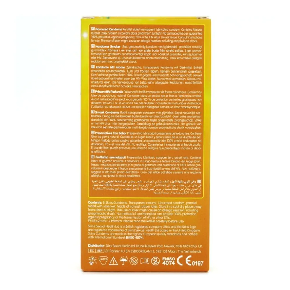 Boîte jaune de préservatifs Skins Banana, pack de 8, avec le logo de la marque et des photos de bananes. Emballage cartonné avec inscriptions en anglais.