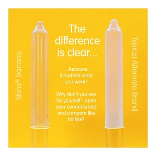 Visuel Skins comparant un préservatif Skins Banana à un modèle d'une autre marque