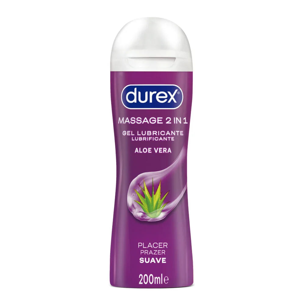Flacon de gel lubrifiant Durex Massage 2 in 1 à l'aloe vera, 200 ml, avec bouchon blanc applicateur et étiquette violette
