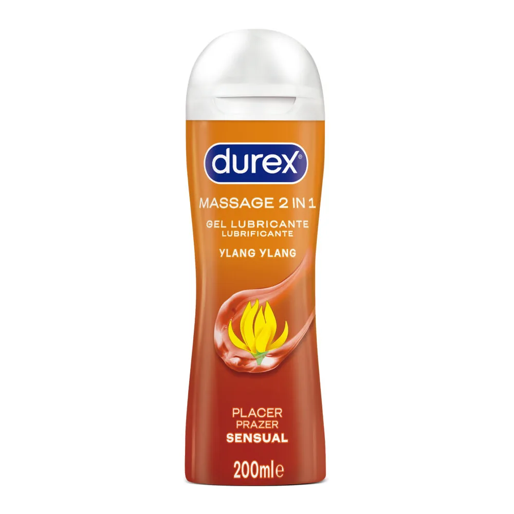 Flacon Durex Massage 2 en 1 gel lubrifiant ylang-ylang, 200 ml, sur fond blanc avec étiquette orange et rouge