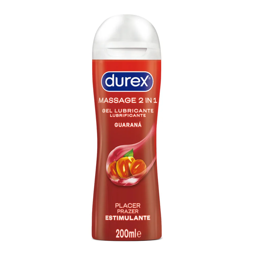 Flacon de gel lubrifiant Durex Massage 2 in 1 au guarana, bouteille rouge de 200 ml avec bouchon blanc et visuel de fruit tropical