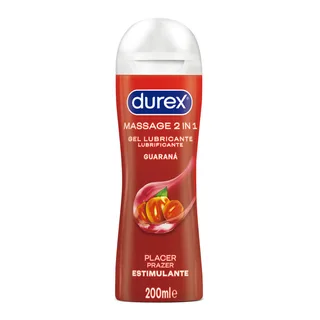 Flacon de gel lubrifiant Durex Massage 2 in 1 au guarana, bouteille rouge de 200 ml avec bouchon blanc et visuel de fruit tropical