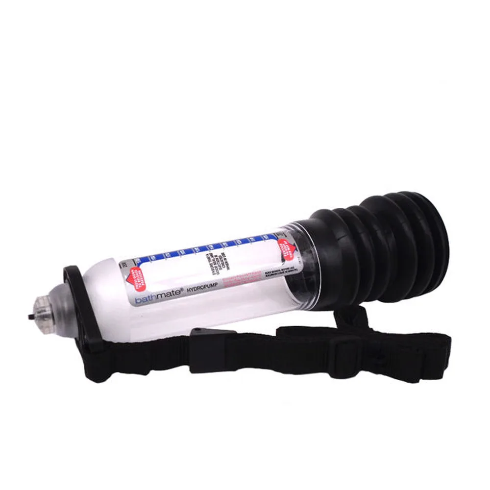 Pompe à pénis en cylindre transparent bleu avec échelle de mesure, équipée d'une sangle noire et d'un harnais de support pour utilisation en mains libres sous la douche