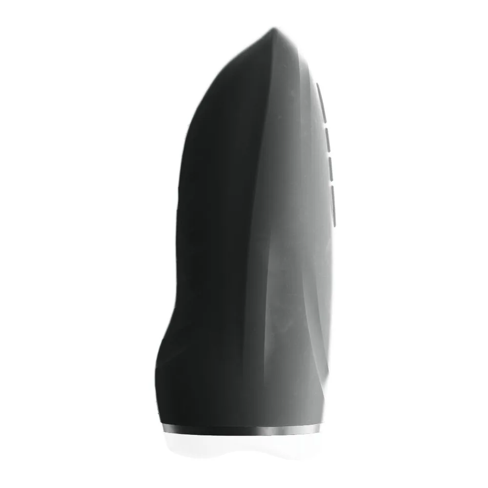 Masturbateur noir au design futuriste, forme profilée avec sommet pointu et base arrondie, gaine lisse et brillante, sur fond blanc