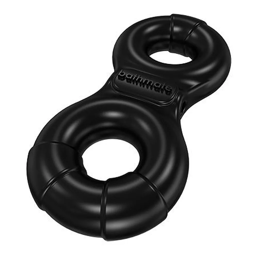 Anneau en huit noir en silicone avec connecteur central, disposé à plat sur fond blanc, marque gravée visible sur le segment supérieur