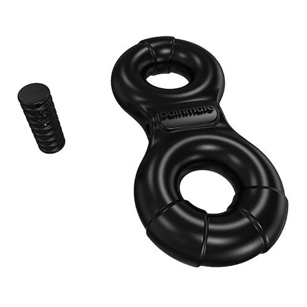 Anneau en huit noir en silicone avec connecteur central, disposé à plat sur fond blanc, marque gravée visible sur le segment supérieur
