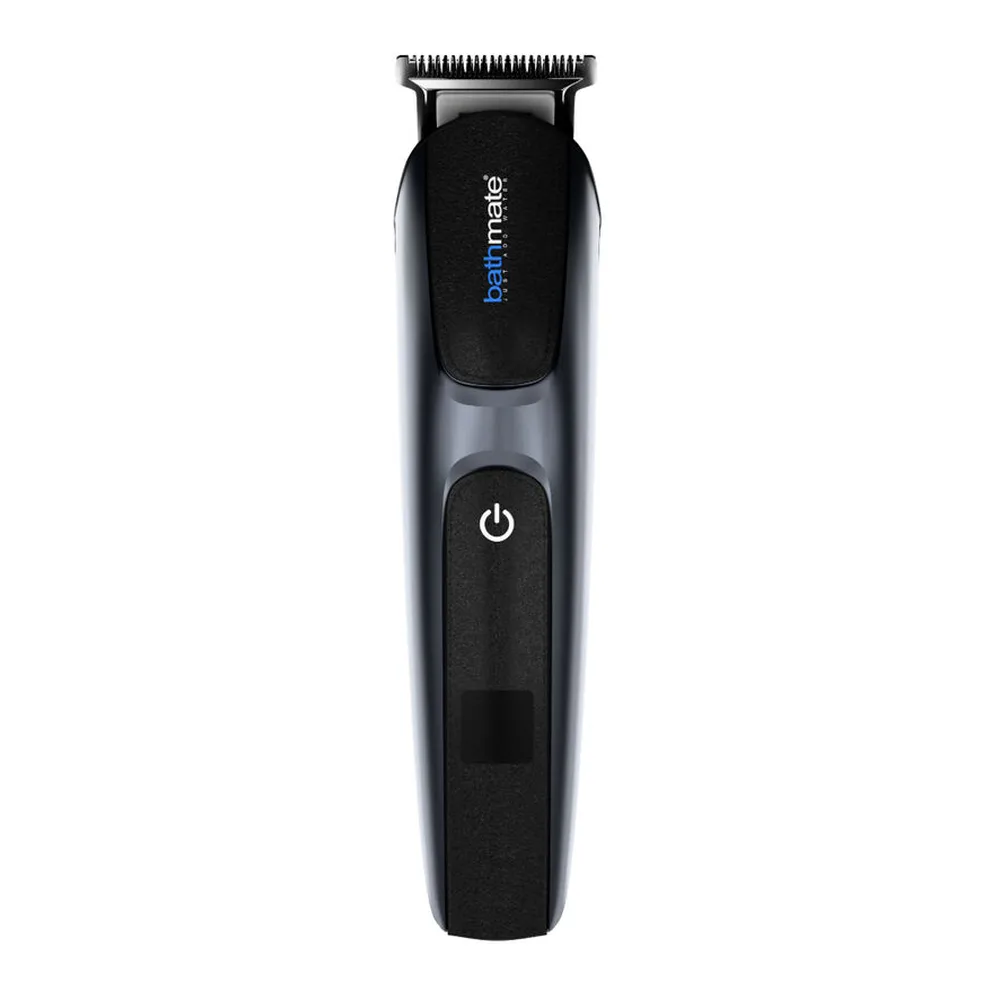 Tondeuse corporelle noire ergonomique avec lames de coupe rectangulaires interchangeables et poignée texturée, sur fond blanc