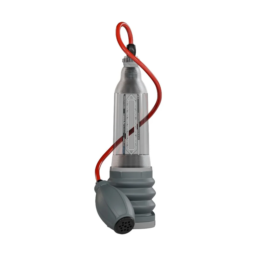 Emballage noir et rouge Bathmate HydroXtreme avec pompe à pénis transparente dotée d'un tube cylindrique, d'une chambre de compression et d'une tubulure rouge sur fond blanc