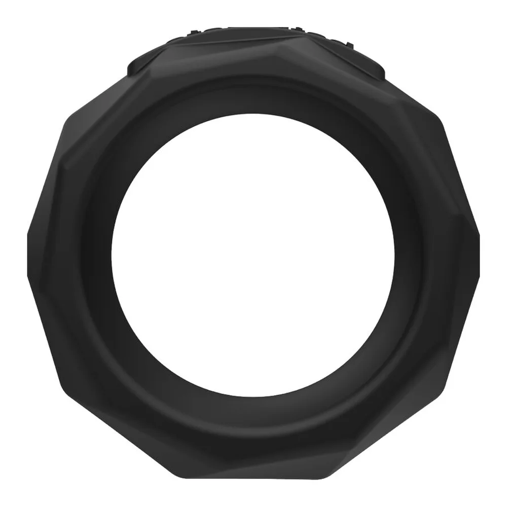Anneau en silicone noir avec facettes hexagonales, vue de face sur fond blanc