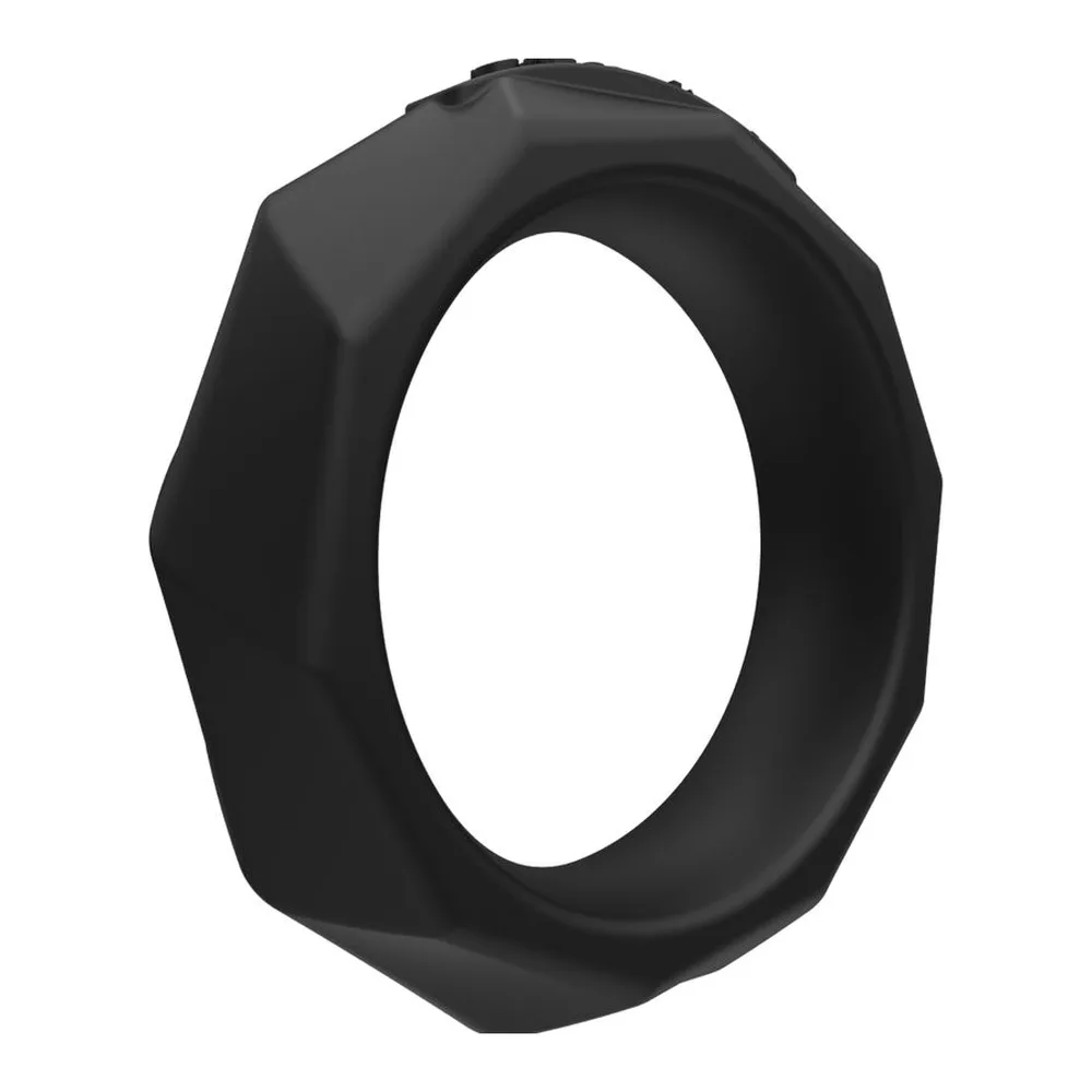 Anneau en silicone noir avec facettes hexagonales, vue de face sur fond blanc