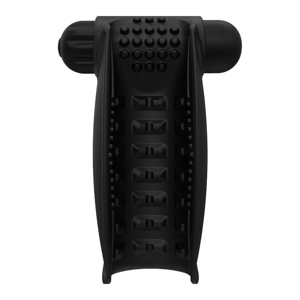 Emballage noir Bathmate Hand Vibe avec le produit noir en silicone à ailettes, et câble de charge USB