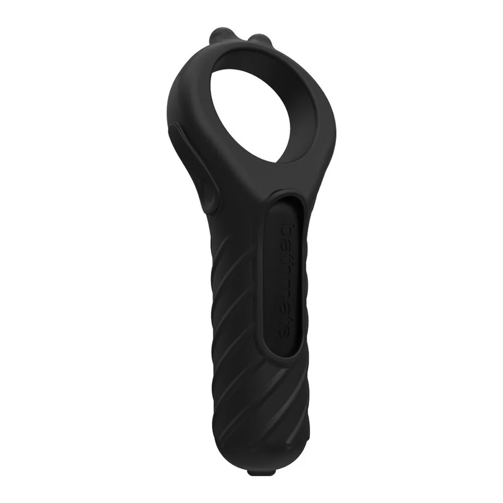 Cockring en silicone noir avec anneau supérieur arrondi et tige allongée texturée, poignée ergonomique en bas, fond blanc