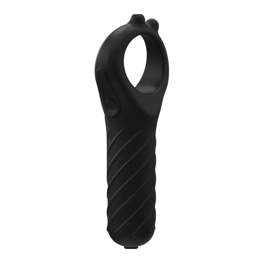 Cockring en silicone noir avec anneau supérieur arrondi et tige allongée texturée, poignée ergonomique en bas, fond blanc