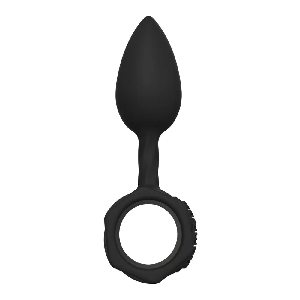 Plug anal en silicone noir avec anneau de retrait circulaire, corps ovoïde et col effilé, sur fond blanc
