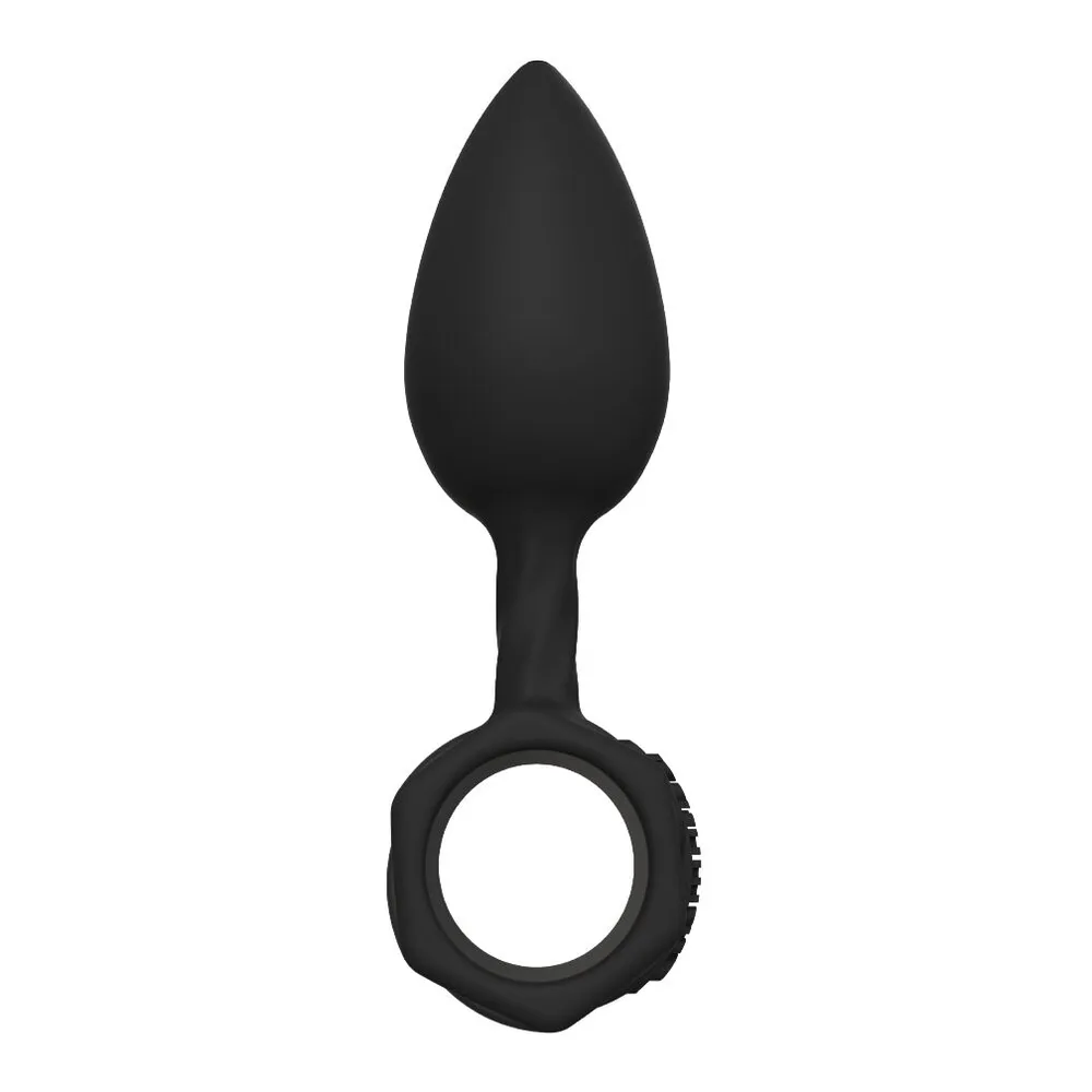 Plug anal en silicone noir avec anneau de retrait circulaire, corps ovoïde et col effilé, sur fond blanc