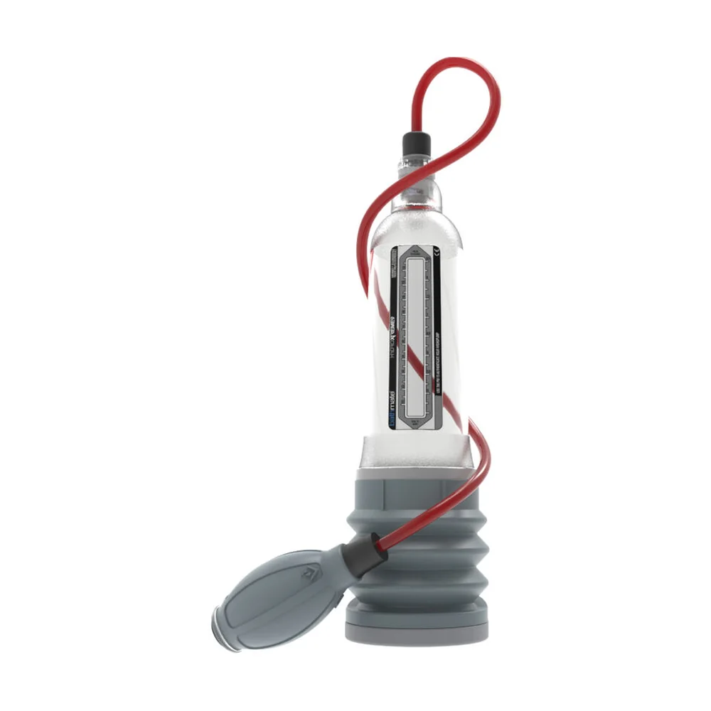 Emballage noir Bathmate HydroXtreme avec pompe à pénis en plastique transparent et base grise pivotante, cordon rouge en silicone attaché