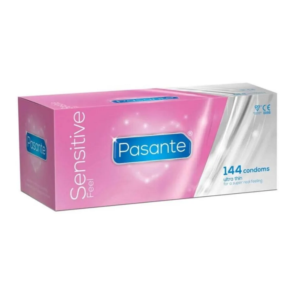 Boîte de préservatifs Pasante Sensitive Feel rose et blanc, contenant 144 préservatifs ultra-fins, marquée du logo CE