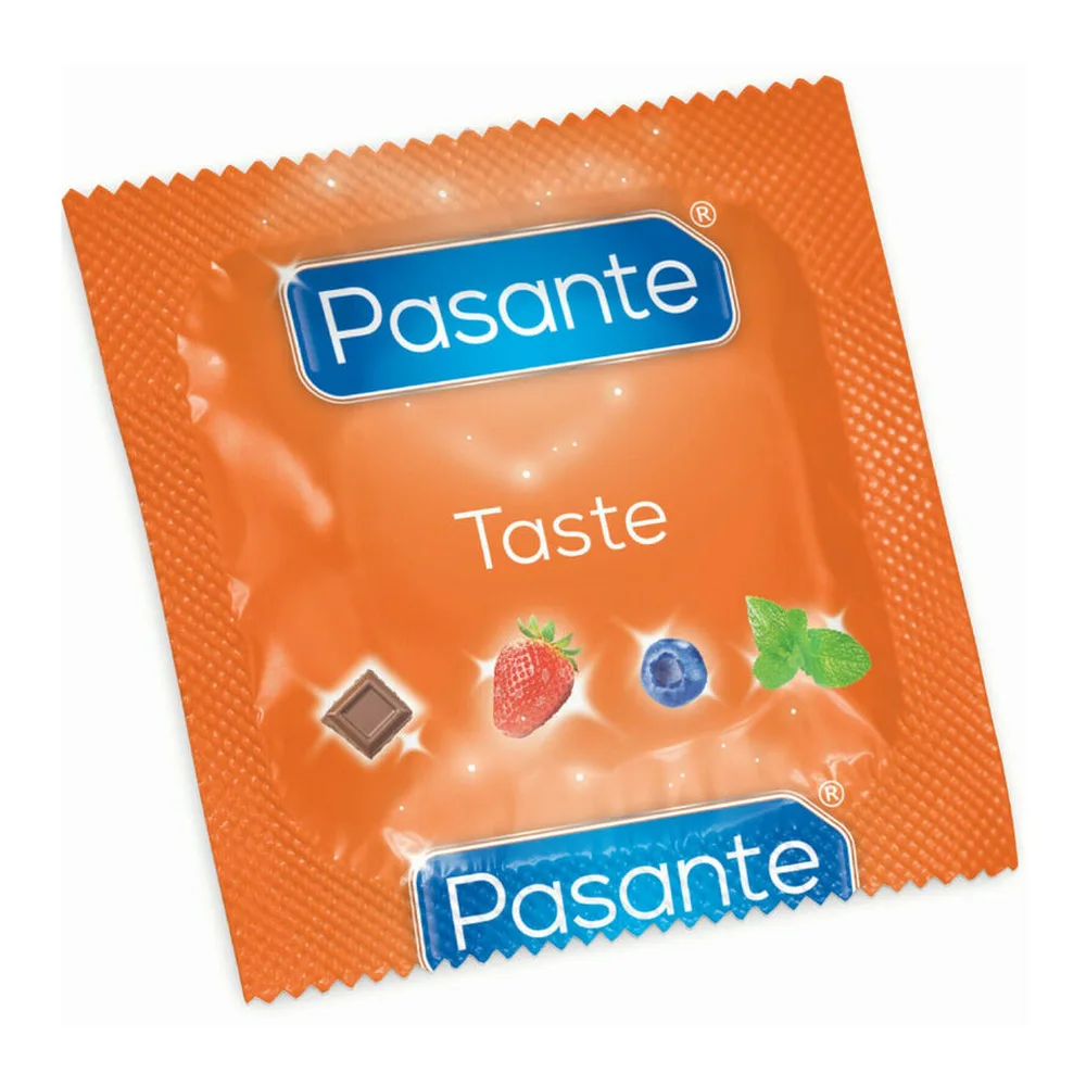 Emballage de préservatifs Pasante saveur menthe avec sachets individuels orange et préservatifs verts menthe en plaquettes avec marquages de conformité