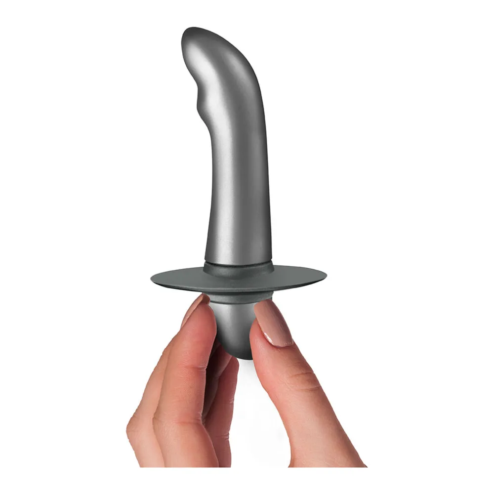 Stimulateur de prostate noir brillant avec embout incurvé, base large plate et anneau de maintien rouge à la base, sur fond blanc