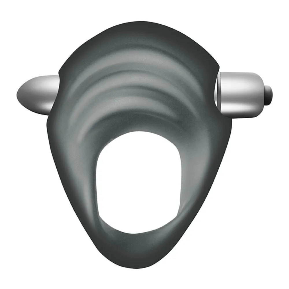 Kit de deux accessoires en silicone : un anneau gris argent avec base plate et stimulateur courbé gris foncé avec anneau central, tous deux dotés de commandes métalliques, sur fond blanc