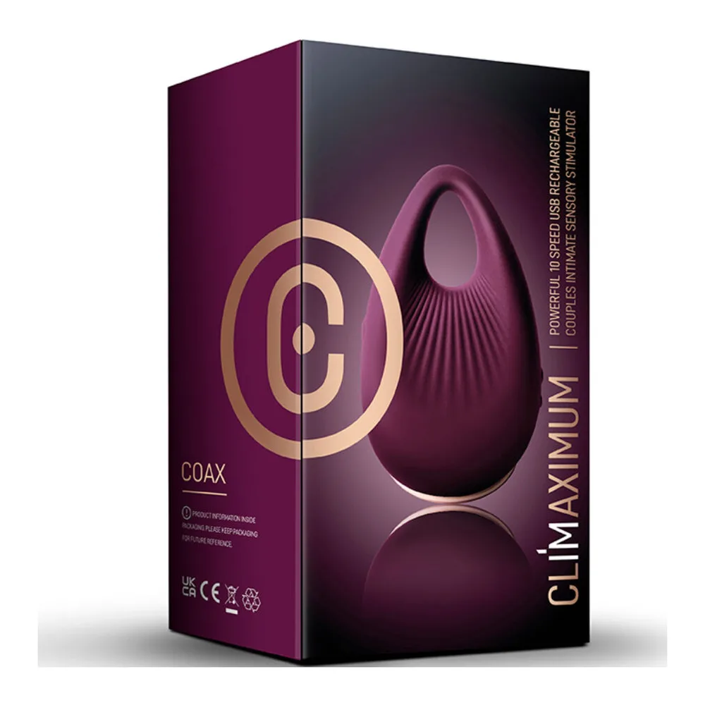 Vibromasseur en silicone prune avec poignée ovale, rainures intérieures visibles dans l'ouverture, base rose pêche, fond blanc