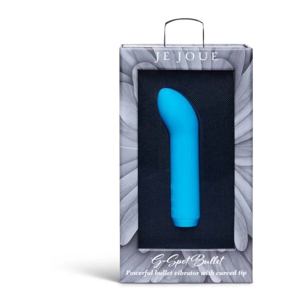 Emballage du vibromasseur point G Ié Joué de couleur bleu turquoise, présenté sur fond blanc avec détails techniques et modes de vibration énumérés