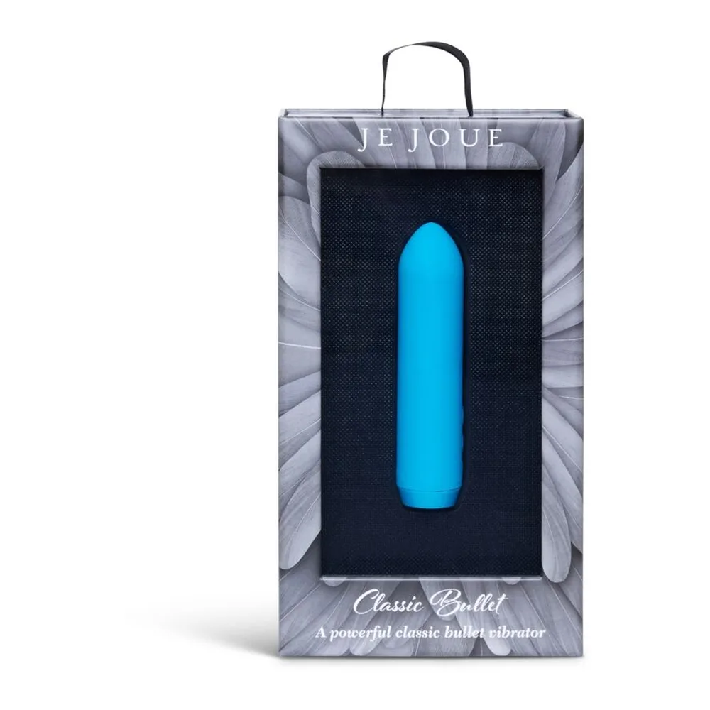 Emballage d'un bullet bleu ciel de la marque Je Joue, boîte grise avec visuel du produit et pictogrammes de caractéristiques, poignée noire intégrée