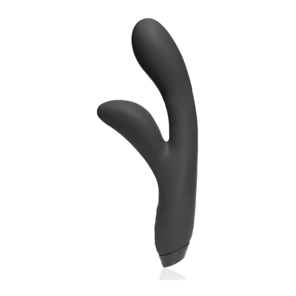 Vibromasseur rabbit noir en silicone avec tige incurvée flexible et deux branches écartées, sur fond blanc