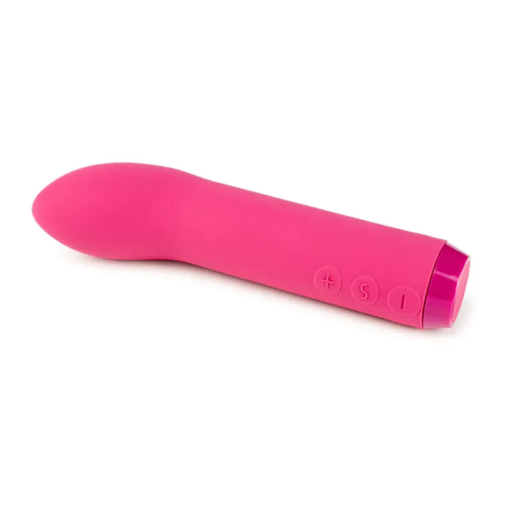 Vibromasseur rose fuchsia rechargeable en silicone, forme ergonomique incurvée, contrôles de modes visibles sur le corps, fond blanc