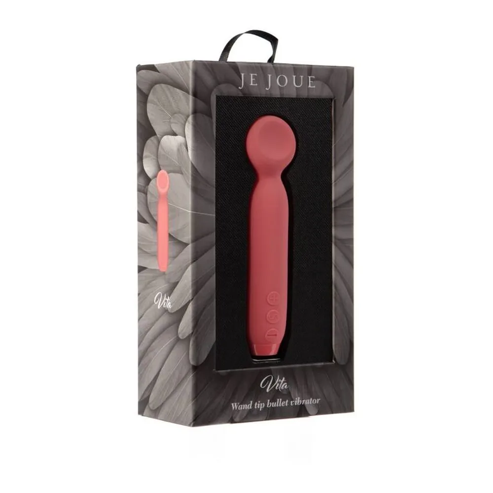 Mini-vibromasseur Vita rose corail avec embout arrondi noir, col flexible et trois boutons de commande en relief, câble de recharge noir