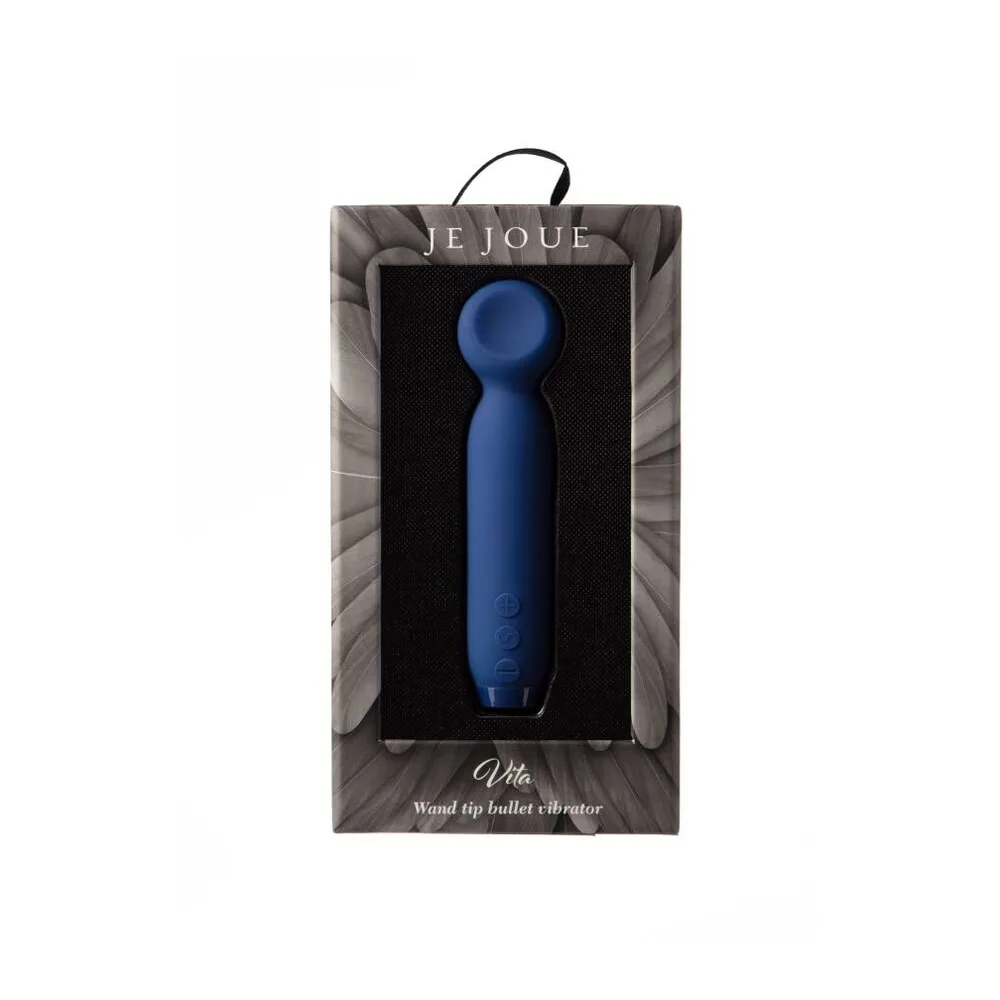 Mini-vibromasseur Vita rose corail avec embout arrondi noir, col flexible et trois boutons de commande en relief, câble de recharge noir